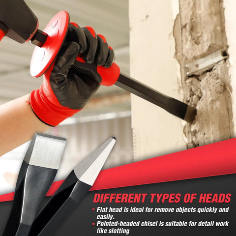 Three Piece Masonry Chisel Set With Hand Protection, Heavy Duty Chrome Vanadium Steel Construction, shown in use on concrete wall