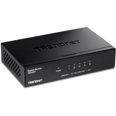 Gigabit Desktop Switch With Five RJ45 Ports, silent fanless metal enclosure, 10Gbps switching capacity, front view