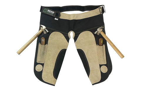 Heavy Duty Farrier Apron Chaps for Men with cowhide suede leather and canvas, 25 inch length, side knife pockets, hammer loop