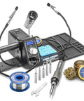75W Soldering Station Kit With Quick Temp Digital Readout Includes Two Helping Hands Silicone Tool Mat Five Extra Tips 50G Solder Roll Brass Sponge Flux C To F Temperature Conversion Auto Sleep Mode For Pros And DIYers, showing station, tips, and accessories.