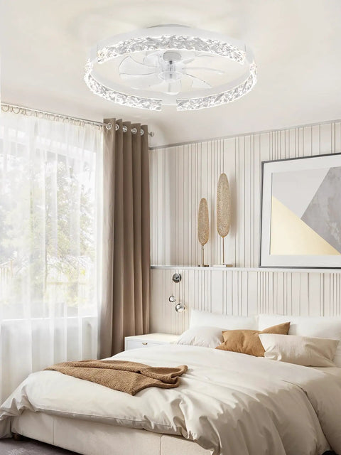Twenty Inch Low Profile Ceiling Fan With Bright Light Kit Using Super Chill App Remote To Bring You Sweet Crisp Breezes Every Single Day Featuring Six Speeds Reversible Motor And Tunable Lighting Anywhere in a cozy bedroom.