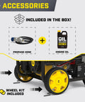 Accessories for Beast 11500 Watt Dual Fuel Portable Generator: propane hose, engine oil, and wheel kit shown.