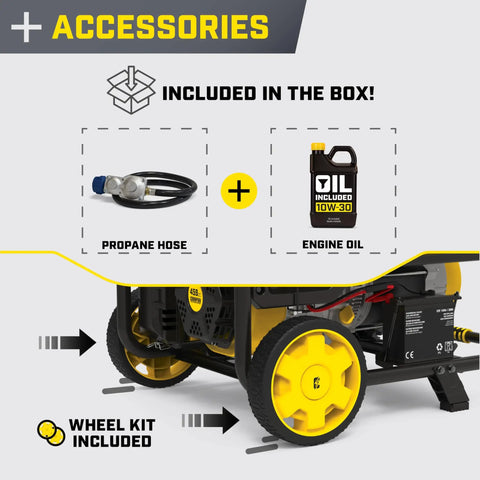 Accessories for Beast 11500 Watt Dual Fuel Portable Generator: propane hose, engine oil, and wheel kit shown.