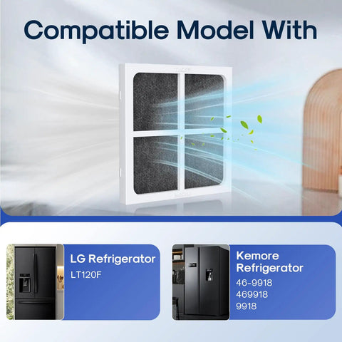 Refrigerator Air Filter Replacement For LT120F LG And Kenmore Elite 469918 9918 3 Pack with compatible models shown.