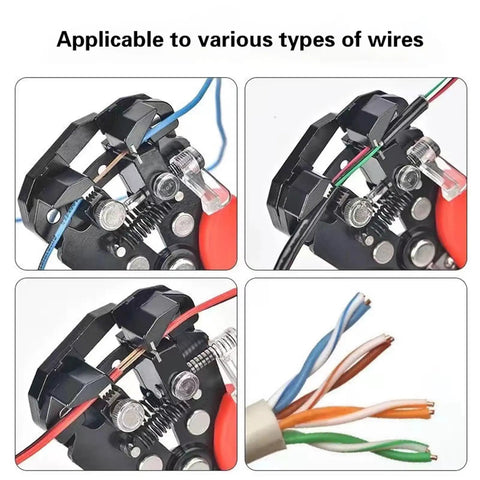 Heavy Duty Automatic Wire Stripper And Cable Cutter Tool Multifunctional Electrician Pliers With Built In Terminal Crimper, showing various wire types being stripped.