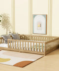 Queen Floor Bed With Safety Guardrails in natural rubber wood finish, solid construction for modern bedrooms, low profile platform