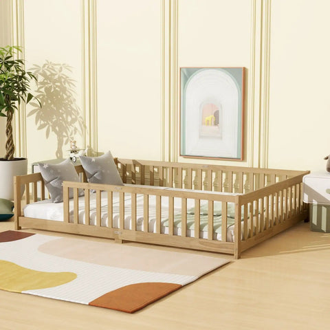 Queen Floor Bed With Safety Guardrails in natural rubber wood finish, solid construction for modern bedrooms, low profile platform