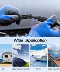 Hands connecting two 30 Ft 10 AWG solar panel extension cables with waterproof connectors for RVs and photovoltaic systems