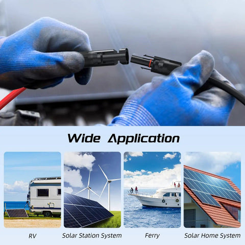 Close-up of hands connecting Y Branch Solar Panel Splitter Cable 10 Feet 12 AWG PV Extension Wire with images of application examples.