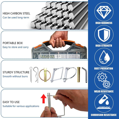365 Piece Trailer Hitch Pin Kit With Heavy Duty Cotter Pins, R Clips, Locking Coupler Pins, Lynch Pins and case with features