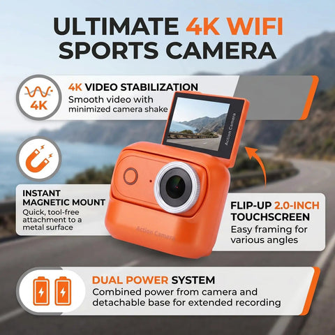 4K Magnetic Action Camera With 48MP Sensor Dual Battery System 2.0 Inch Flip Touch Screen EIS Stabilization 200fps Slow Motion App Control For Vlog And Adventure Easy Magnetic Mount For Helmets And Chest Straps Orange on scenic road