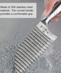 Stainless steel crinkle cutter with curved ergonomic handle and wavy blade.