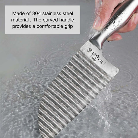 Stainless steel crinkle cutter with curved ergonomic handle and wavy blade.
