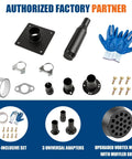 Ultra Quiet Generator Exhaust Silencer Extension Kit With Three Fitting Adapters And Insulated Wall Mount Plate components include adapters, gloves, and vortex muffler.