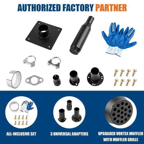 Ultra Quiet Generator Exhaust Silencer Extension Kit With Three Fitting Adapters And Insulated Wall Mount Plate components include adapters, gloves, and vortex muffler.