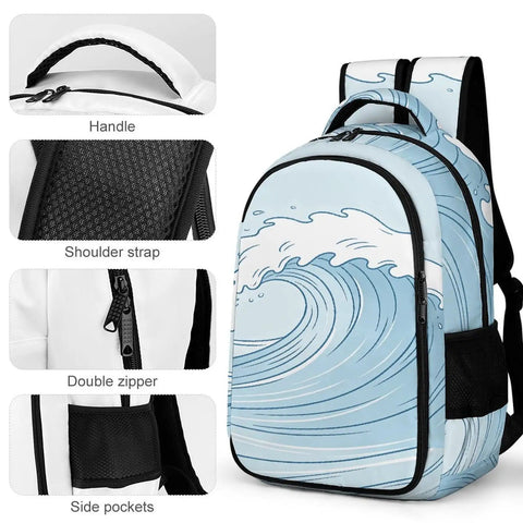 Pastel Watercolor Ocean Wave Print Unisex Backpack with padded straps, double zipper, and side pockets for school and travel.
