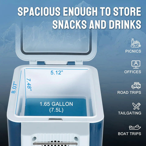 Inside view of Portable 12V Thermoelectric Cooler And Warmer with 7.5 Quart Capacity for snacks and drinks storage.