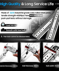 Top Shelf Heavy Duty Drawer Slides, 500 Pound Load Rating, Full Extension Ball Bearing Cabinet Runners, 68 Inch steel guide rails measuring thickness.