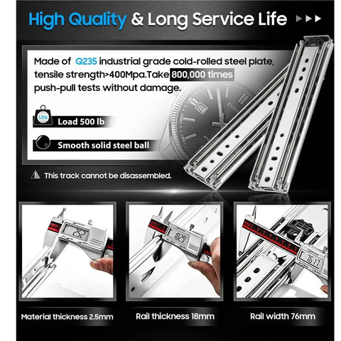Top Shelf Heavy Duty Drawer Slides, 500 Pound Load Rating, Full Extension Ball Bearing Cabinet Runners, 68 Inch steel guide rails measuring thickness.