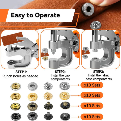 Must Have Leather Snaps And Fasteners Kit With 17mm Snap Buttons And Press Pliers, 40 Sets In 4 Colors, installation steps