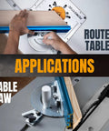 Universal Table Saw Miter Gauge With Aluminum Miter Bar, 27 Angle Stops, shown on router table and table saw applications.