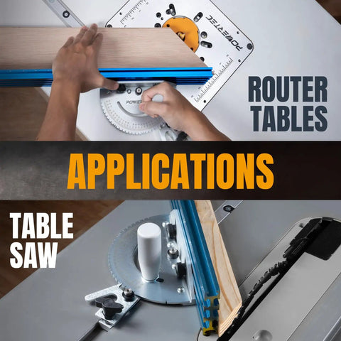 Universal Table Saw Miter Gauge With Aluminum Miter Bar, 27 Angle Stops, shown on router table and table saw applications.