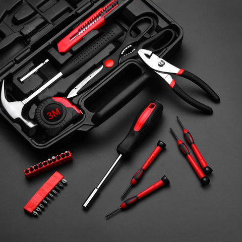 39 Piece Home Tools Kit With Plastic Toolbox Handy Starter Set for College Dorms and Small Fixes displayed on a black surface