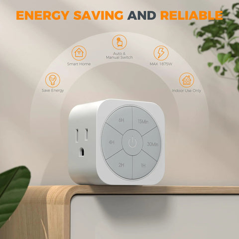 Indoor Electrical Outlet Timer 2 Pack Push Button Countdown Switch Six Preset Modes with blue display and buttons for easy use.