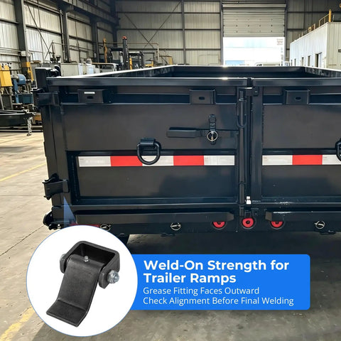 Heavy Duty Weld On Trailer Hinges With Grease Fitting For Dump Trailers, Utility Gates And Trailer Doors, installed on a trailer