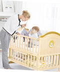 Mother and child near crib with Spring Loaded Plunger Pins Crib Latch Replacement Kit for safer sleep area, 6 pack visible.
