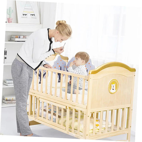 Mother and child near crib with Spring Loaded Plunger Pins Crib Latch Replacement Kit for safer sleep area, 6 pack visible.