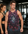 Premium Mens Workout Tank Top With Dope Mechanical Flower Gears Stars Print, worn by a man in a gym setting.