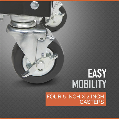 Close-up of caster wheels on 30-Inch 5-Drawer Mechanic's Tool Cart With Rolling Workstation and Built-In Toolbox