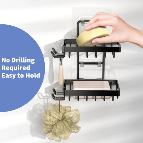 Tough As Nails 304 Stainless Steel Double Soap Holder For Shower, No Fuss Adhesive Wall Mount Rack With Four Extra Hooks And Razor Spot, Rust Proof Bathroom Organizer That Seriously Locks In Place