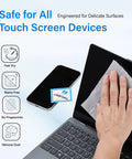 Person using Streak Free Crystal Clear Electronic Wipes For Screens Pre Moistened Screen Cleaner Wipes on laptop screen