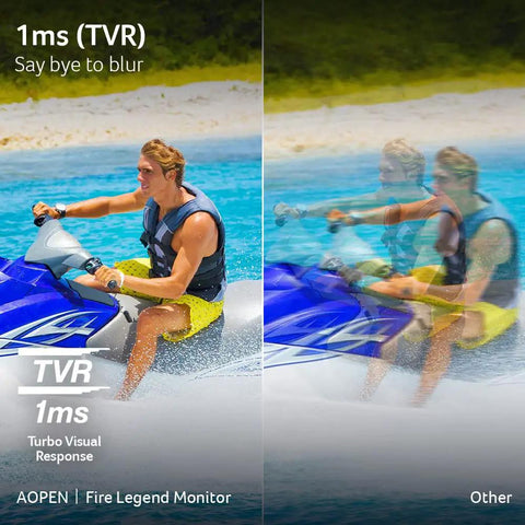 Comparison image showing a jet ski rider with 1ms TVR clarity on AOPEN fire legend monitor vs other, illustrating no blur.