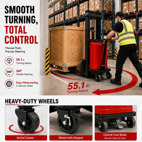 Operator using Rock Solid 6000 Lbs Heavy Duty Semi Electric Pallet Stacker With Adjustable Steel Forks in warehouse with wooden crate.