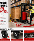 Heavy Duty Semi Electric Pallet Lift Stacker Hits 5000 Lbs Capacity With 118 Inch Lift Height To Handle Heavy Loads In Any Warehouse Or Factory Setting, demonstrating maneuverability in narrow aisles.