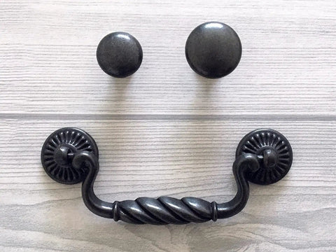 Vintage Black Bail Drawer Pull Four And A Quarter Inch Centers Drop Swing Dresser Cabinet Hardware Old School Retro Look