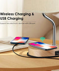 Set Of 2 Smart Bedside Table Lamps With Wireless Charging Pad And USB Port on wooden base in a modern bedroom setting.