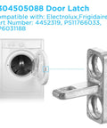 Washer Door Latch Replacement For Electrolux And Frigidaire 5304505088 Door Strike Fix Replaces 4452319 PS11766033 AP6031188 Measures 1.77 X 0.70 X 1.34 In Easy Install Quick No Fuss Fix That Keeps Leaks Out And Door Snaps Shut Smoothly. silver metal washer door latch with front-load washer and door strike detail