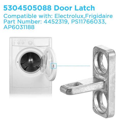 Washer Door Latch Replacement For Electrolux And Frigidaire 5304505088 Door Strike Fix Replaces 4452319 PS11766033 AP6031188 Measures 1.77 X 0.70 X 1.34 In Easy Install Quick No Fuss Fix That Keeps Leaks Out And Door Snaps Shut Smoothly. silver metal washer door latch with front-load washer and door strike detail