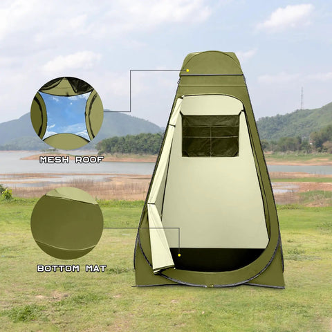 Pop Up Privacy Shower Tent With Windows For Camping And Bathroom Breaks, Portable Changing Shelter, Olive Green, outdoor scene
