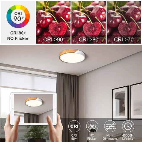 Sleek Modern LED Ceiling Light Fixture With Wood Style Flush Mount Circular Acrylic Lampshade 11.8 Inch Diameter Non Dimmable 4000K White Light For Bedroom Living Room Dining Room Laundry showcasing CRI 90+
