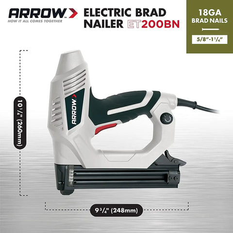 Heavy Duty Electric Brad Nailer for Trim and Framing Projects, compact design shown with size dimensions
