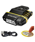 Clip On Cap Light And Headlamp With 150 Lumen Output, USB C Rechargeable, 90 Degree Tilt, shown with USB cable and instructions