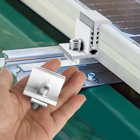 Built Tough Heavy Duty Solar Panel Clamp Kit includes an adjustable aluminum mounting bracket held in hand for solar PV systems.