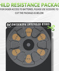 Child-resistant packaging for 24 Pack Hearing Aid Batteries Size 312, showing easy access design and instructions to open.