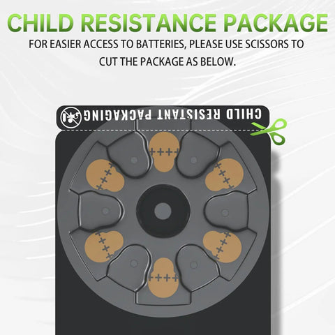 Child-resistant packaging for 24 Pack Hearing Aid Batteries Size 312, showing easy access design and instructions to open.