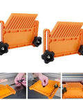 Heavy Duty Stackable Featherboard Woodshop Safety Kickback Blocker Table Saw Router Table Band Saw Dead Grip Clamping Accessory in orange with black knobs.